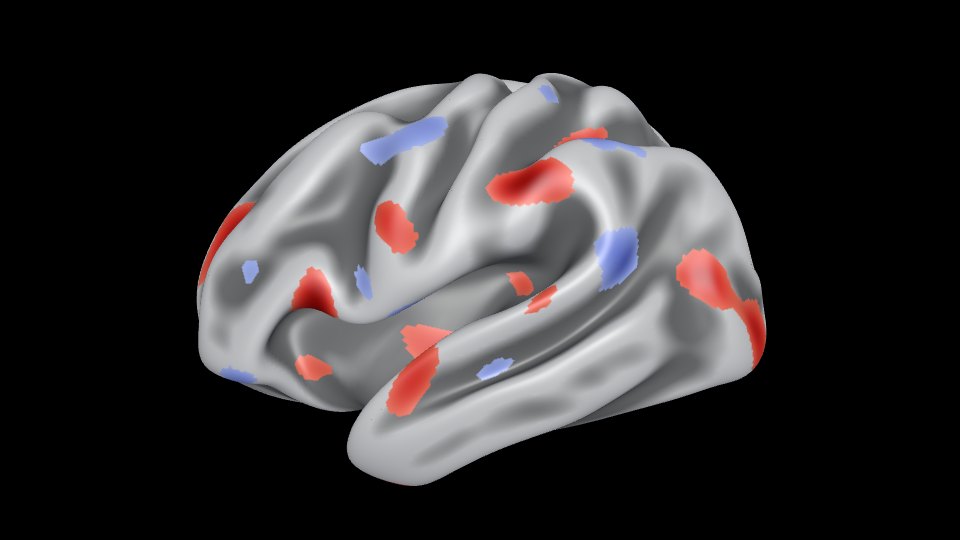 Still image of the viewer's starting view: the left inflated hemisphere from the side, with the simulated statistic map